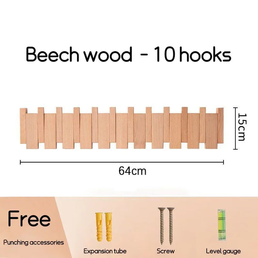 Natural Wood Wall-Mounted Piano Coat Rack with Flip-Down Hooks - Acacia Wood in Walnut Finish - Stylish Entryway Wall Art with 5 Hooks