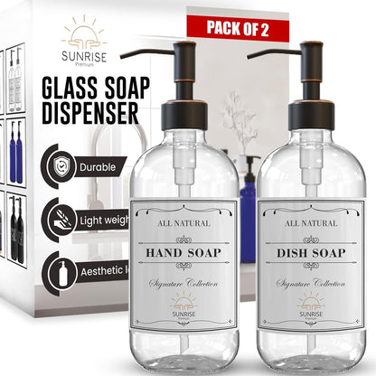 Elevate Your Space with Our 16 OZ Amber Glass Soap Dispenser Set - Includes 2 Stylish Pumps and 6 Waterproof Labels for Ultimate Organization