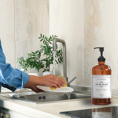 Elevate Your Space with Our 16 OZ Amber Glass Soap Dispenser Set - Includes 2 Stylish Pumps and 6 Waterproof Labels for Ultimate Organization