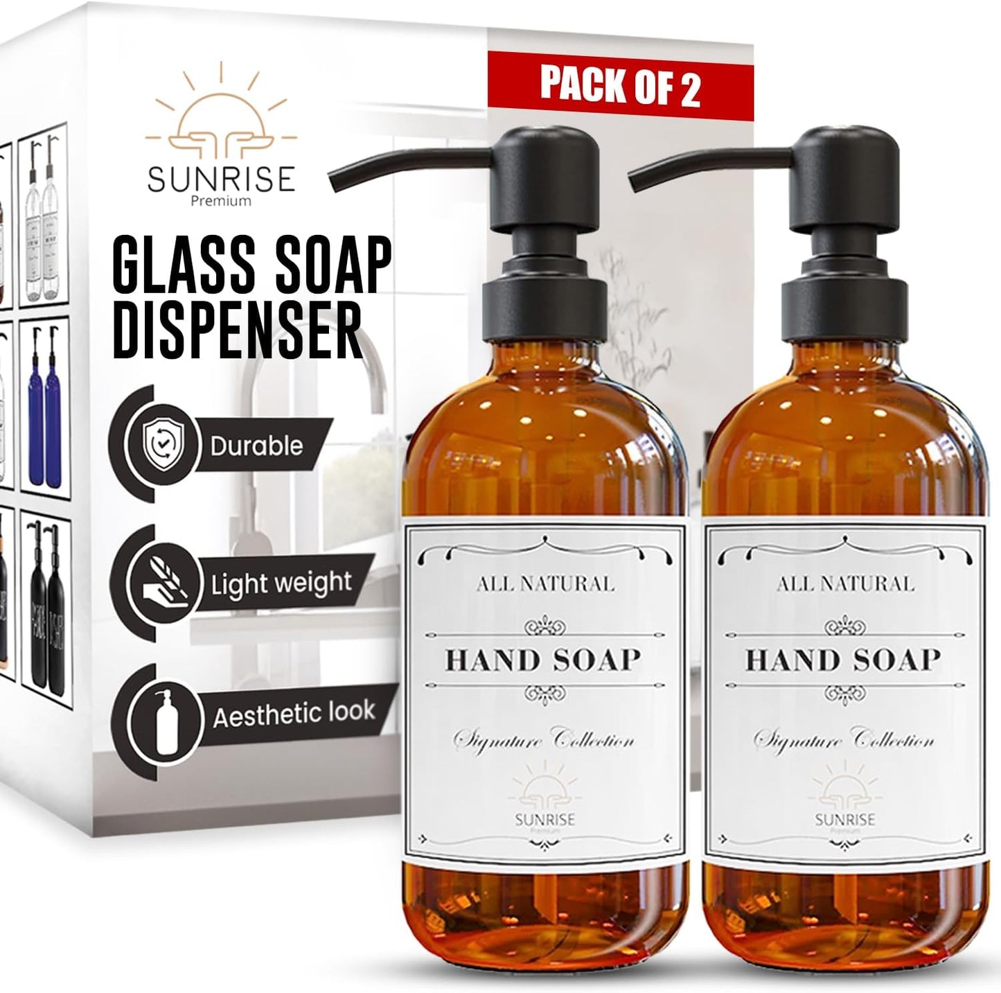 Elevate Your Space with Our 16 OZ Amber Glass Soap Dispenser Set - Includes 2 Stylish Pumps and 6 Waterproof Labels for Ultimate Organization