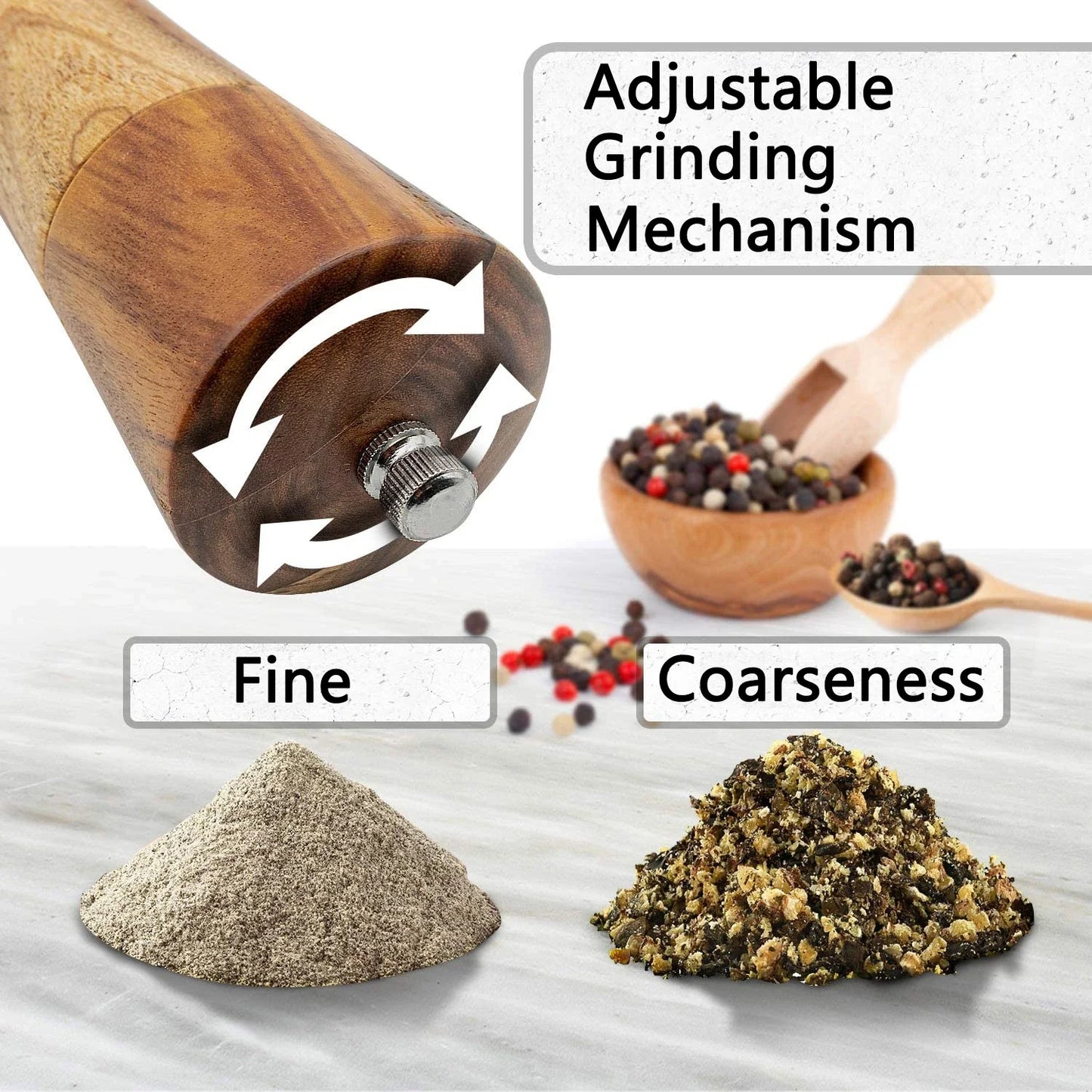Acacia Wood Salt and Pepper Grinder Set with Adjustable Ceramic Mechanism for Culinary Use