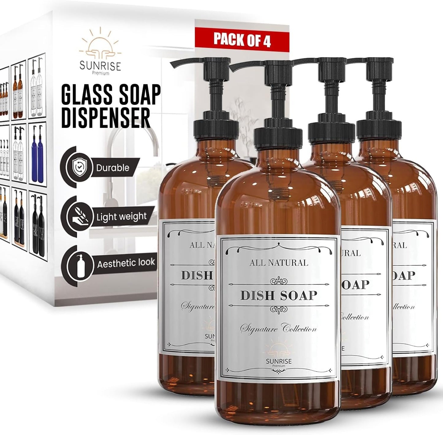 Elevate Your Space with Our 16 OZ Amber Glass Soap Dispenser Set - Includes 2 Stylish Pumps and 6 Waterproof Labels for Ultimate Organization