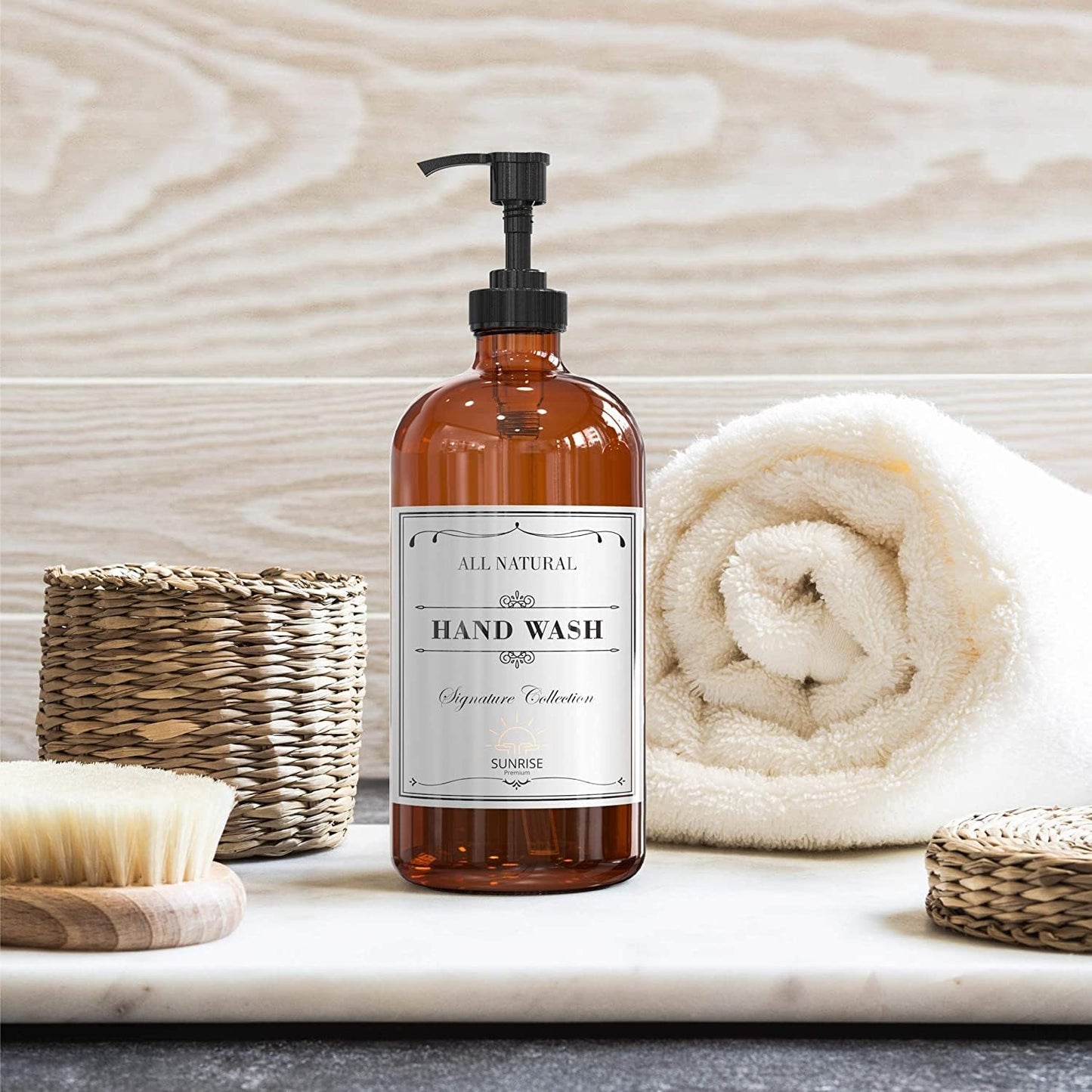 Elevate Your Space with Our 16 OZ Amber Glass Soap Dispenser Set - Includes 2 Stylish Pumps and 6 Waterproof Labels for Ultimate Organization