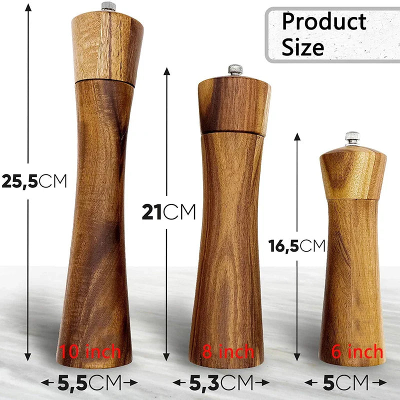 Acacia Wood Salt and Pepper Grinder Set with Adjustable Ceramic Mechanism for Culinary Use