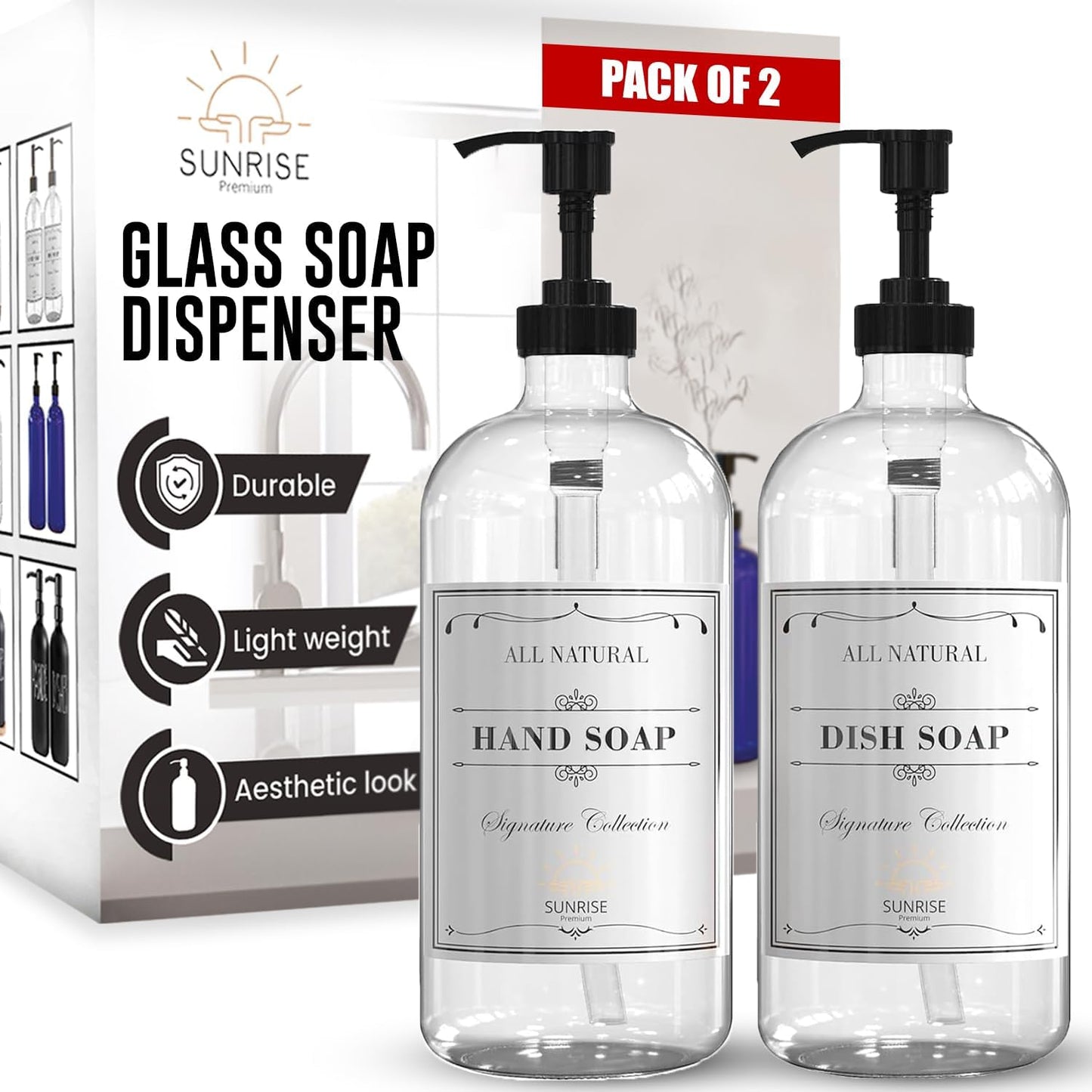 Elevate Your Space with Our 16 OZ Amber Glass Soap Dispenser Set - Includes 2 Stylish Pumps and 6 Waterproof Labels for Ultimate Organization