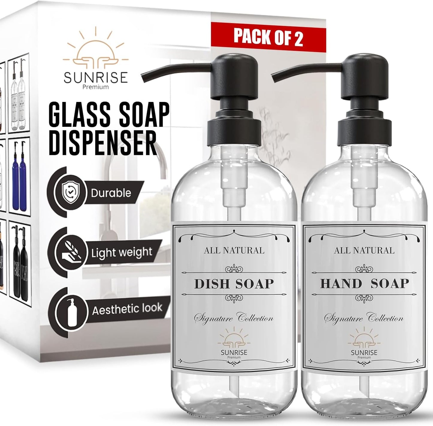Elevate Your Space with Our 16 OZ Amber Glass Soap Dispenser Set - Includes 2 Stylish Pumps and 6 Waterproof Labels for Ultimate Organization