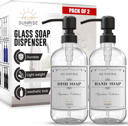 Elevate Your Space with Our 16 OZ Amber Glass Soap Dispenser Set - Includes 2 Stylish Pumps and 6 Waterproof Labels for Ultimate Organization