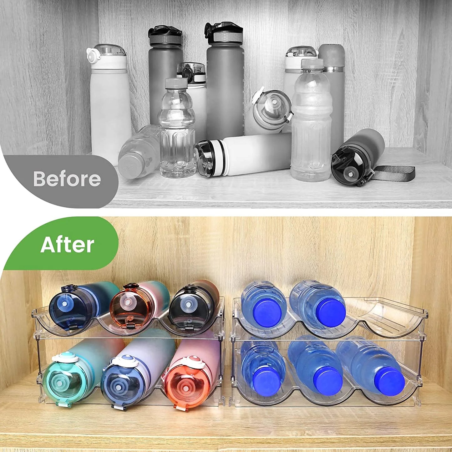 2-Pack Stackable Water Bottle Organizer for Efficient Cabinet Storage and Hydration Management
