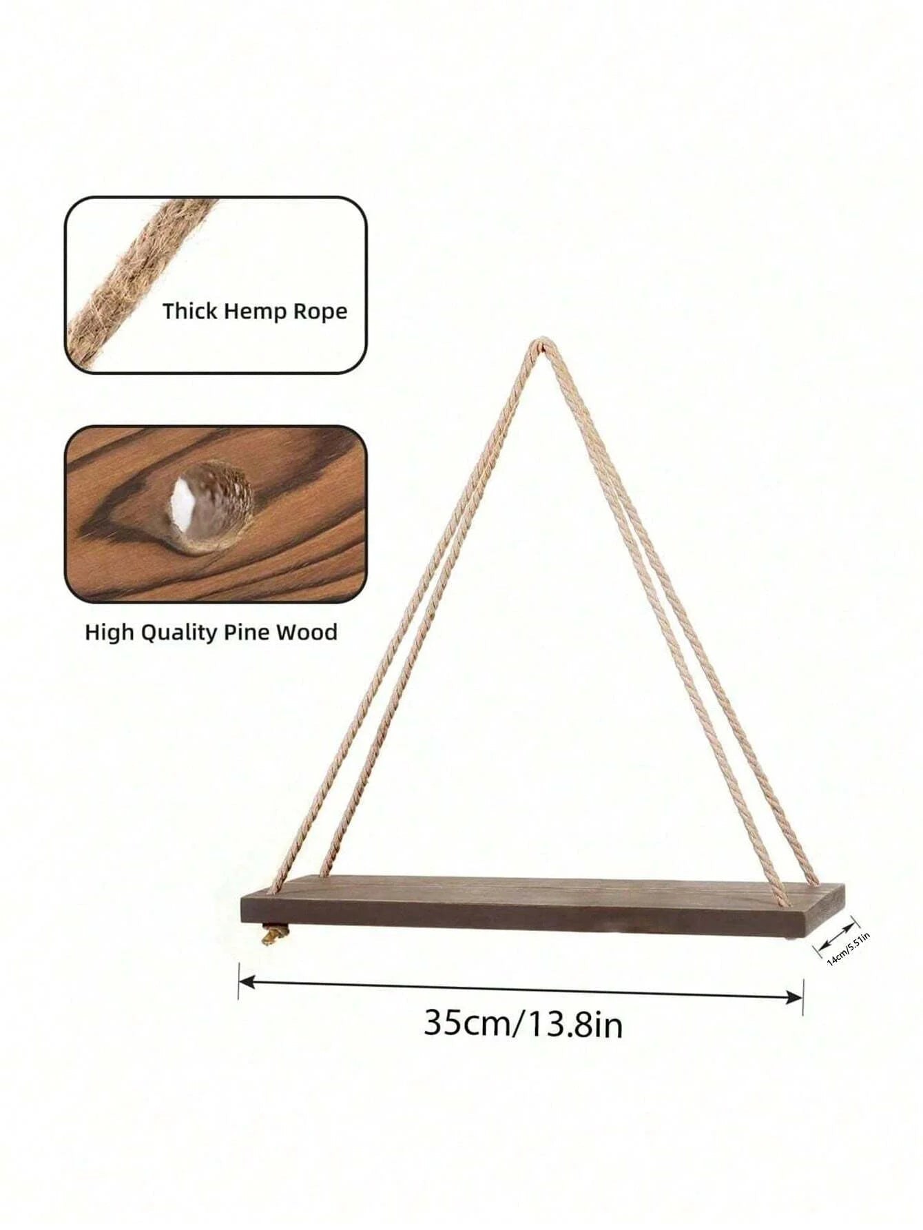 Wooden Floating Wall Shelf with Hemp Rope for Plant and Flower Pot Display - Home Living Room and Garden Decoration