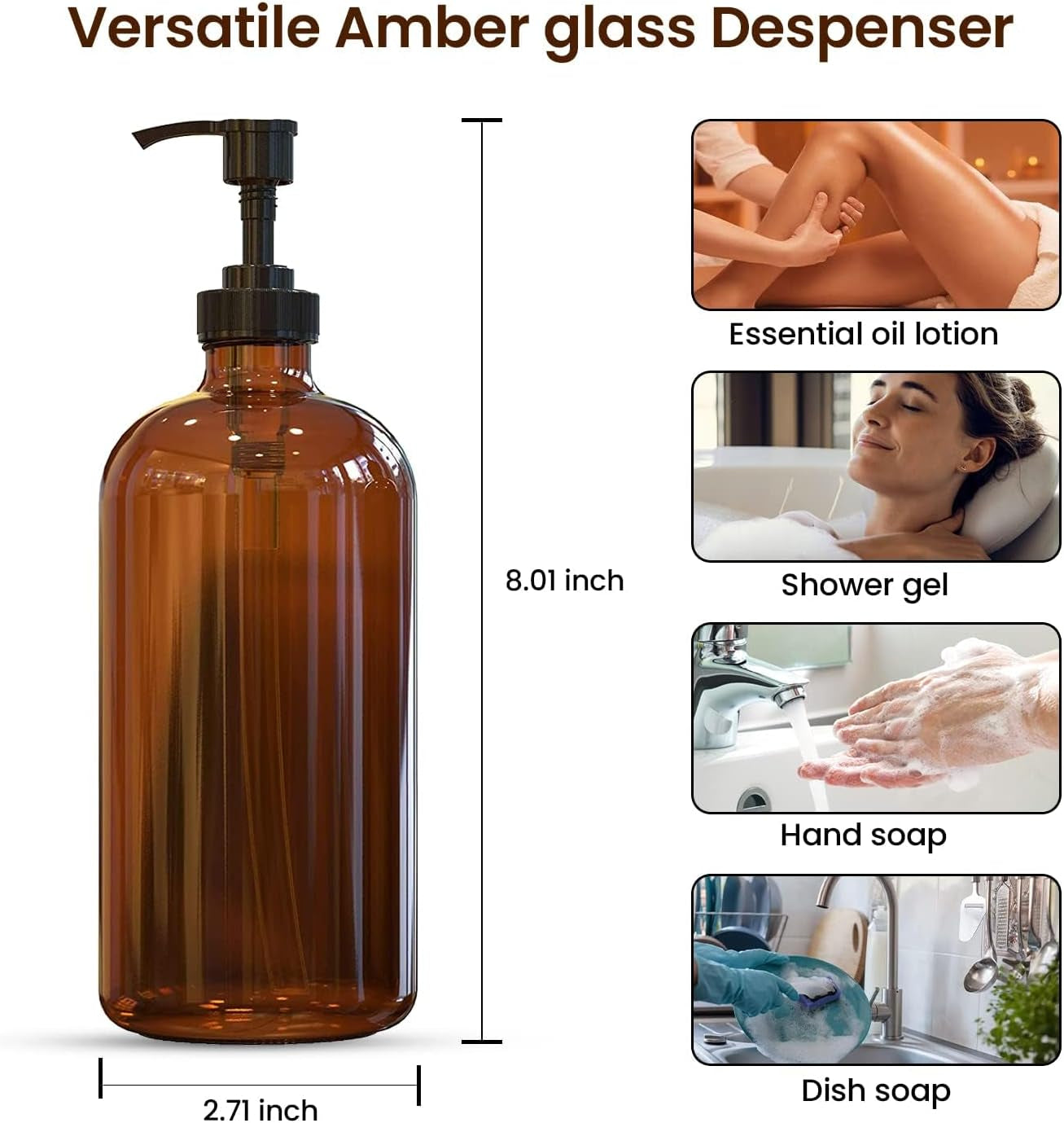Elevate Your Space with Our 16 OZ Amber Glass Soap Dispenser Set - Includes 2 Stylish Pumps and 6 Waterproof Labels for Ultimate Organization