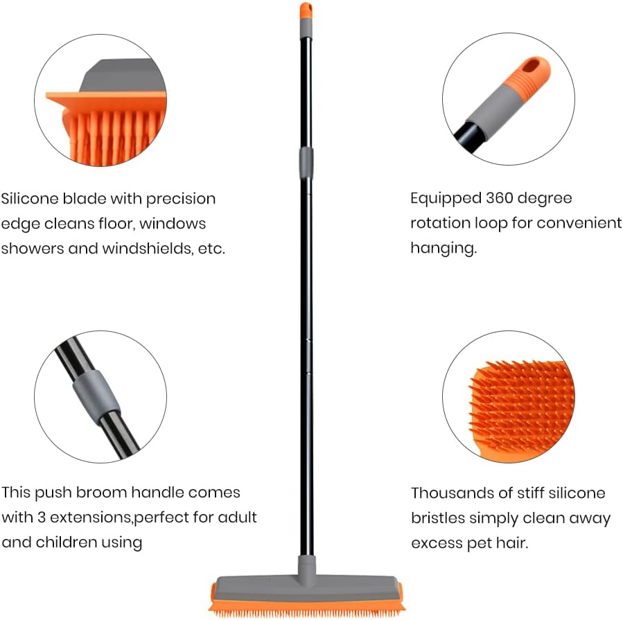 Versatile Rubber Broom with Squeegee - The Ultimate Pet Hair Remover for Carpets, Hardwood, and Tile Cleaning