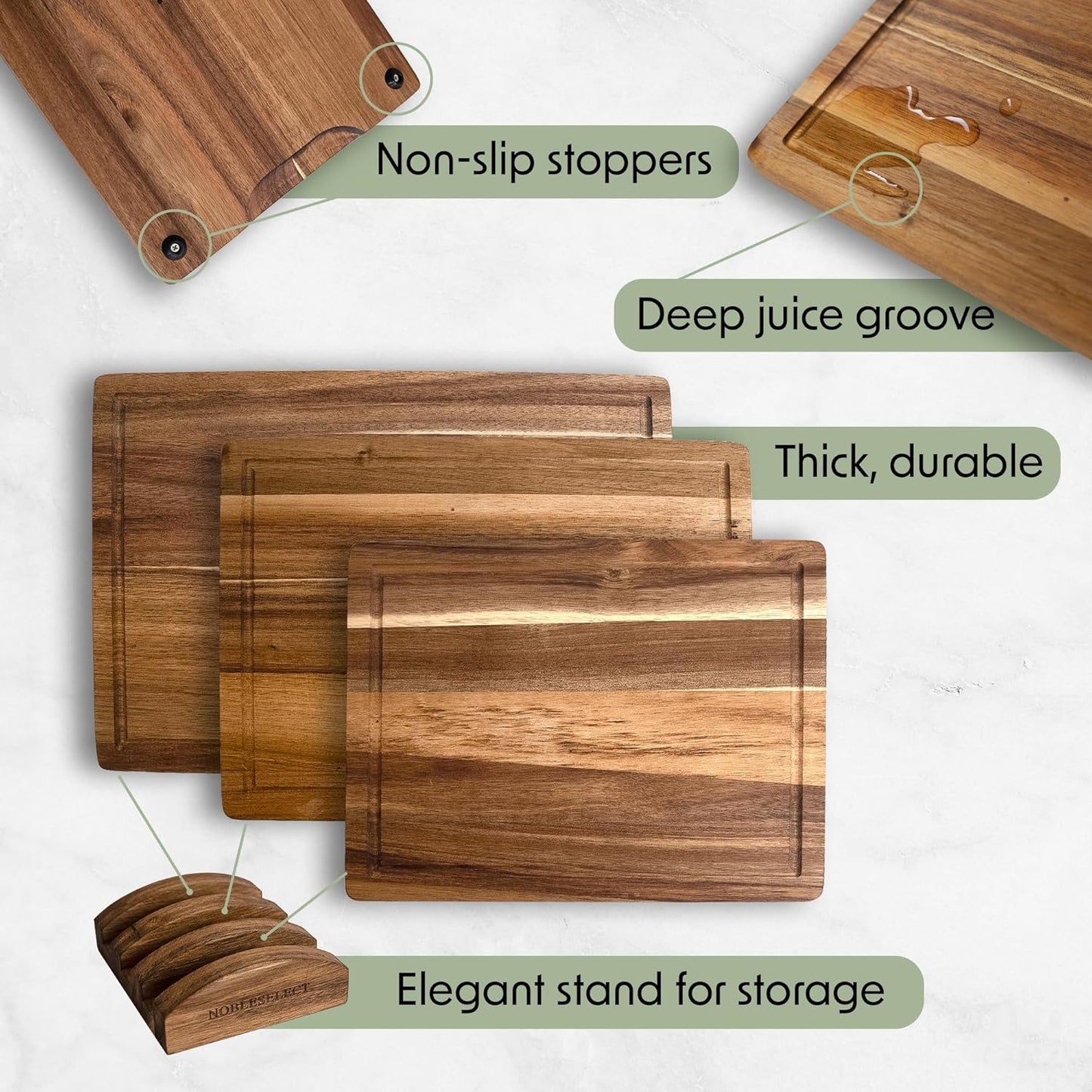 Acacia Wood Cutting Board Set of 3 with Holder | Non-Toxic, Non-Slip Silicone Pads, Juice Grooves & Handles | Perfect for Meat, Vegetables & Charcuterie – Elegant Kitchen Gift