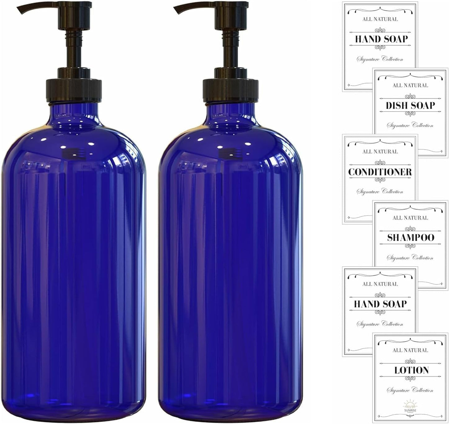 Elevate Your Space with Our 16 OZ Amber Glass Soap Dispenser Set - Includes 2 Stylish Pumps and 6 Waterproof Labels for Ultimate Organization