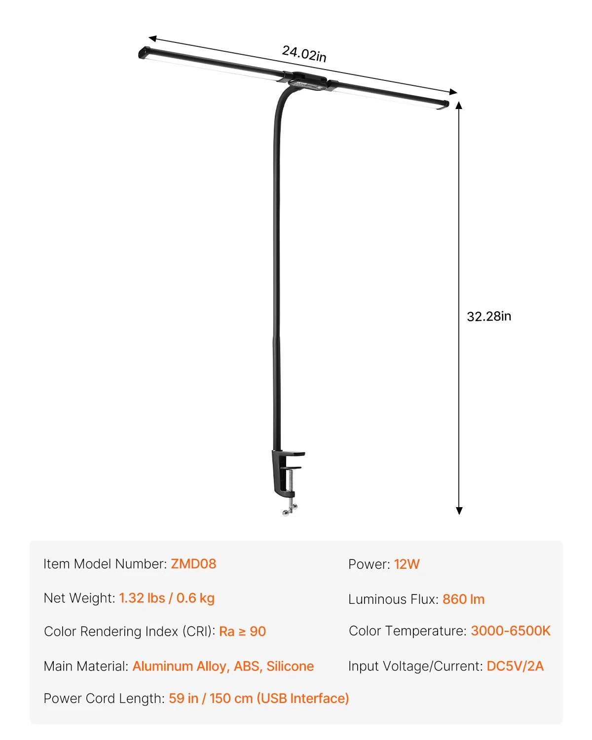 LED Desk Lamp with Clamp and Dual Adjustable Gooseneck Heads