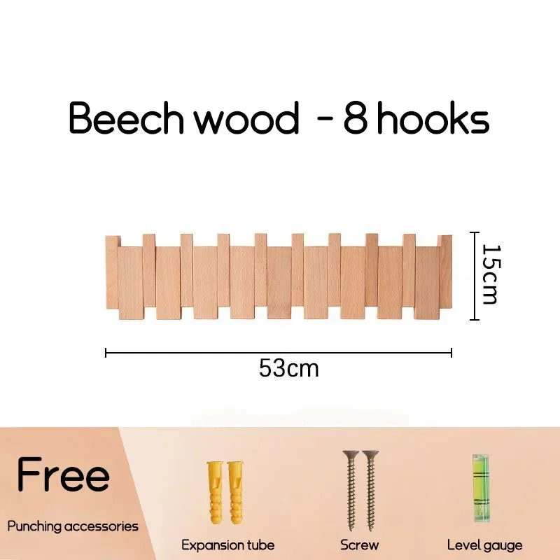 Natural Wood Wall-Mounted Piano Coat Rack with Flip-Down Hooks - Acacia Wood in Walnut Finish - Stylish Entryway Wall Art with 5 Hooks