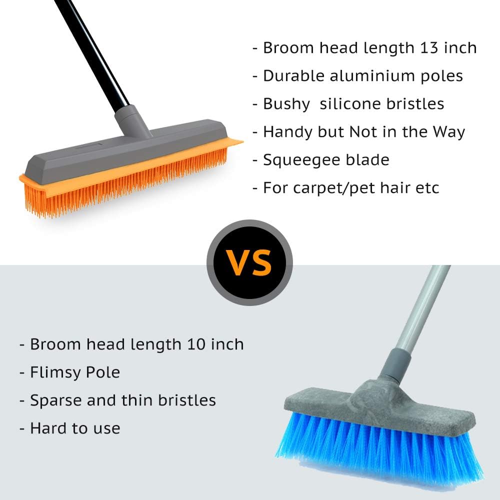 Versatile Rubber Broom with Squeegee - The Ultimate Pet Hair Remover for Carpets, Hardwood, and Tile Cleaning