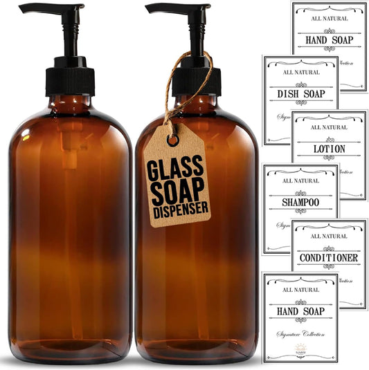 Elevate Your Space with Our 16 OZ Amber Glass Soap Dispenser Set - Includes 2 Stylish Pumps and 6 Waterproof Labels for Ultimate Organization