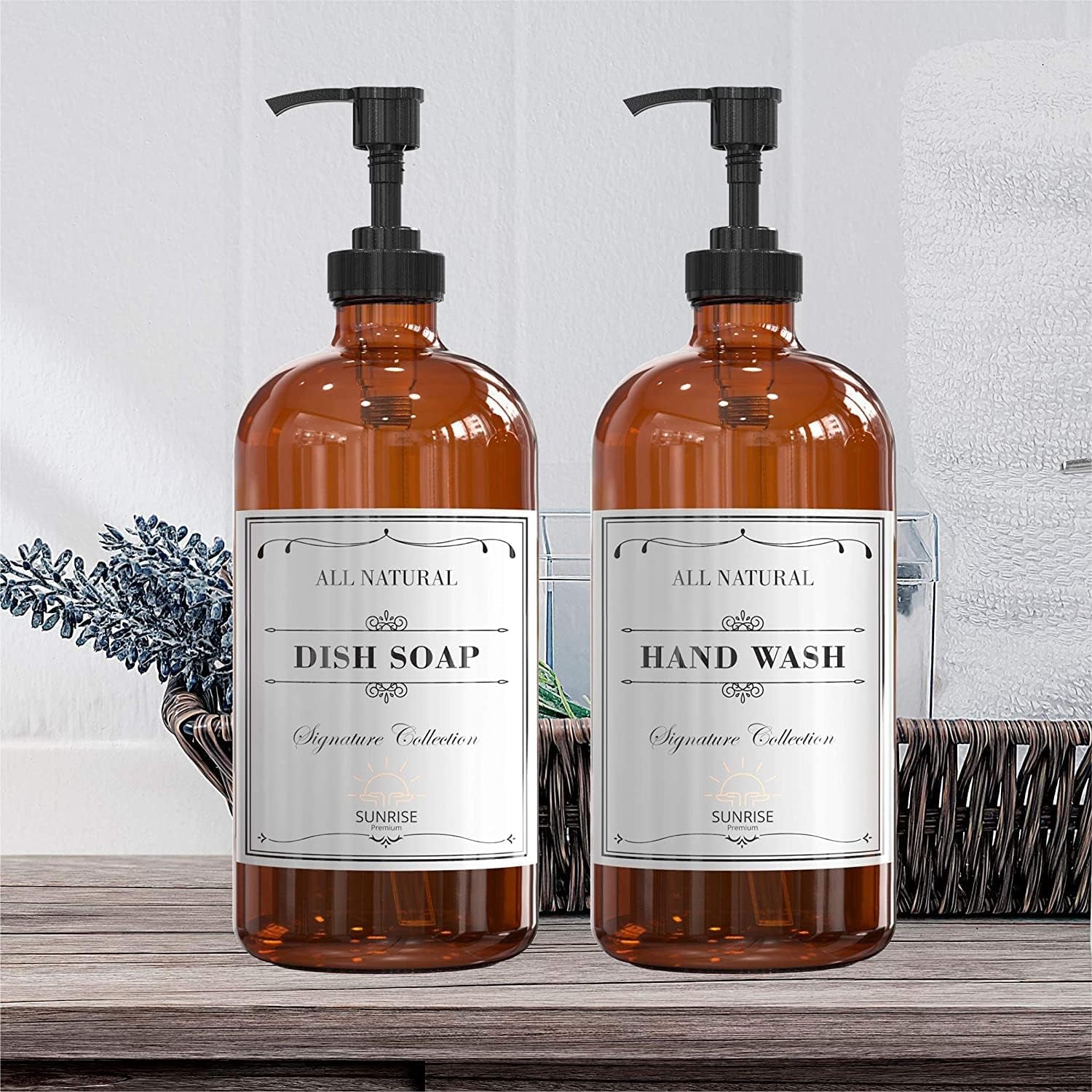 Elevate Your Space with Our 16 OZ Amber Glass Soap Dispenser Set - Includes 2 Stylish Pumps and 6 Waterproof Labels for Ultimate Organization
