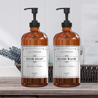 Elevate Your Space with Our 16 OZ Amber Glass Soap Dispenser Set - Includes 2 Stylish Pumps and 6 Waterproof Labels for Ultimate Organization