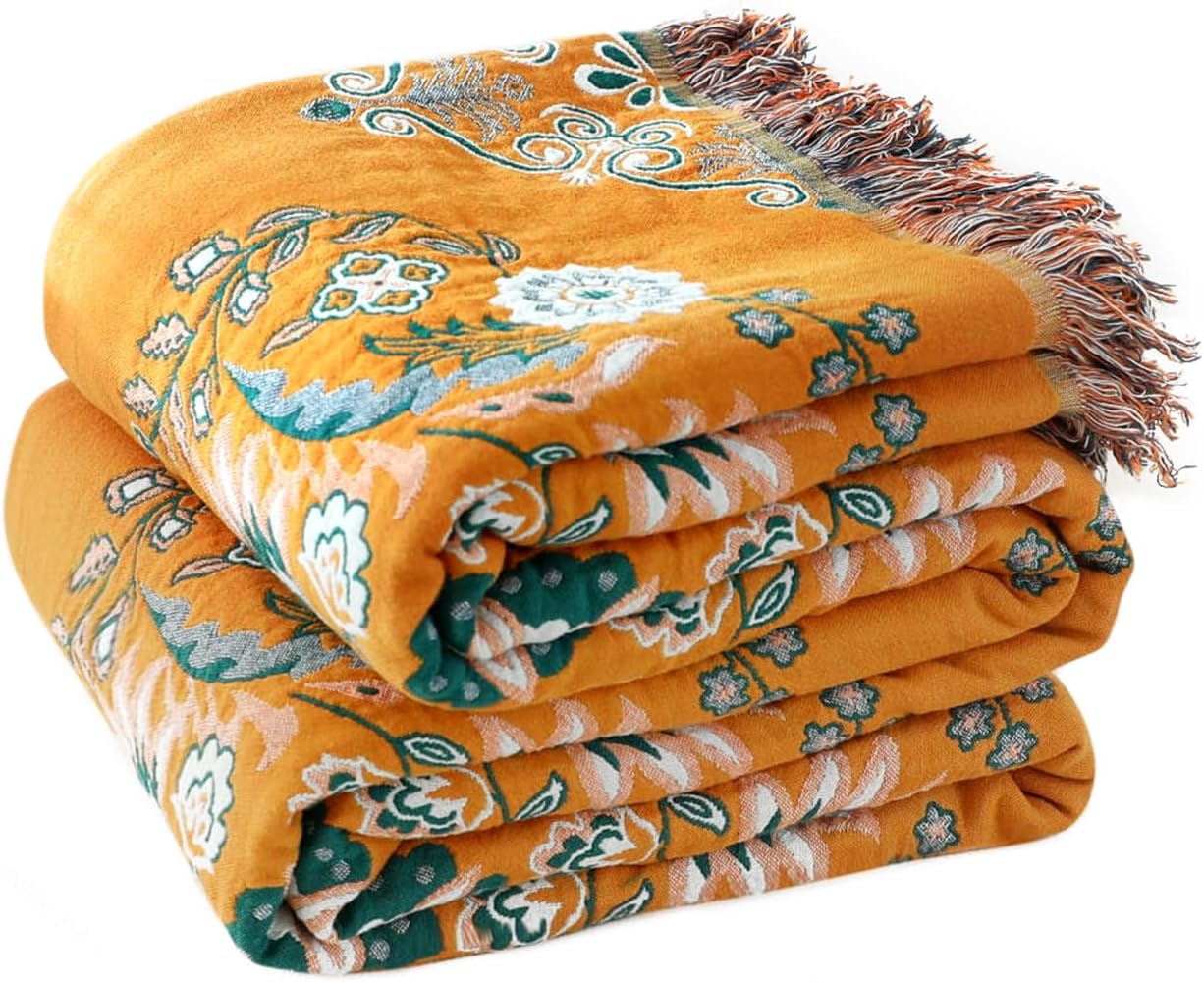 Chic Boho Cotton Throw Blanket - Ultra Soft, Lightweight, and Reversible Floral Bird Design for All Seasons - Perfect for Sofa, Couch, or Bed Decor