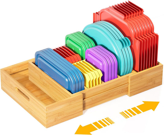 Transform Your Kitchen with Our Expandable Bamboo Lid Organizer – Adjustable Dividers for Perfect Storage Solutions