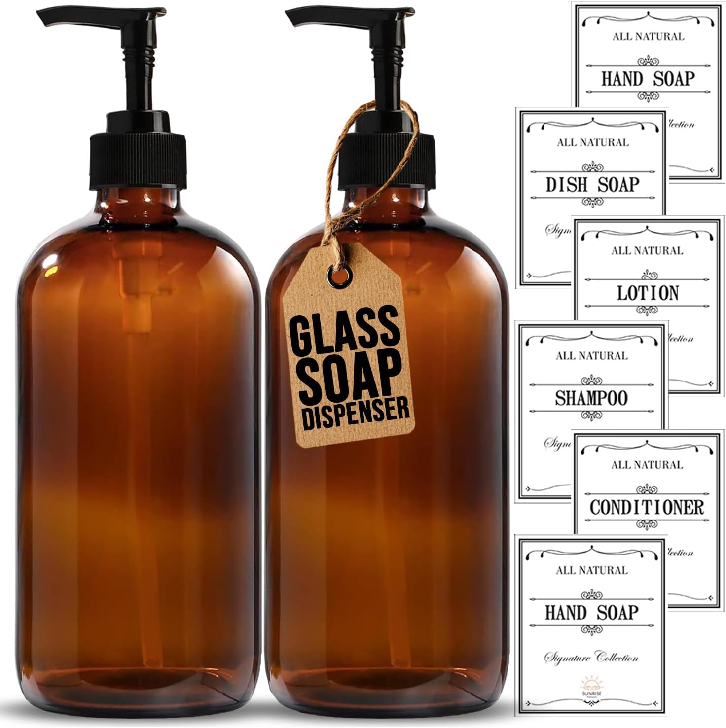 Stylish 16 OZ Amber Glass Soap Dispenser Set - 2 Pack with Pump & 6 Waterproof Labels for Bathroom & Kitchen