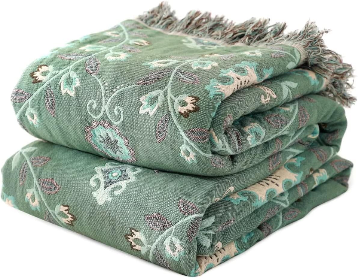 Chic Boho Cotton Throw Blanket - Ultra Soft, Lightweight, and Reversible Floral Bird Design for All Seasons - Perfect for Sofa, Couch, or Bed Decor
