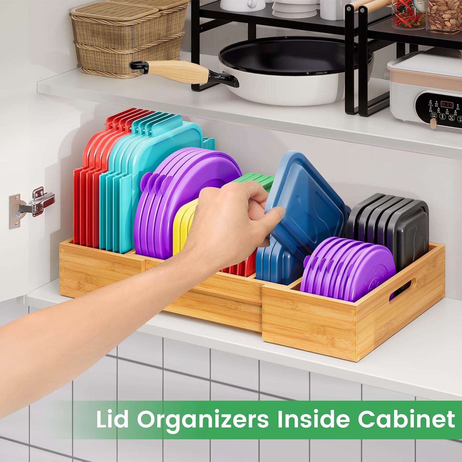 Transform Your Kitchen with Our Expandable Bamboo Lid Organizer – Adjustable Dividers for Perfect Storage Solutions
