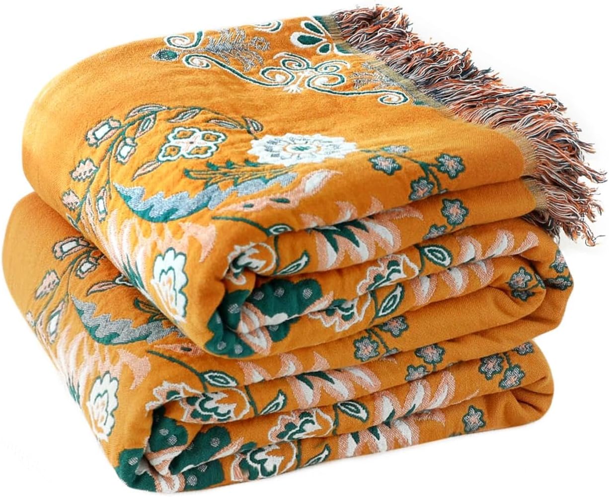 Chic Boho Cotton Throw Blanket - Ultra Soft, Lightweight, and Reversible Floral Bird Design for All Seasons - Perfect for Sofa, Couch, or Bed Decor