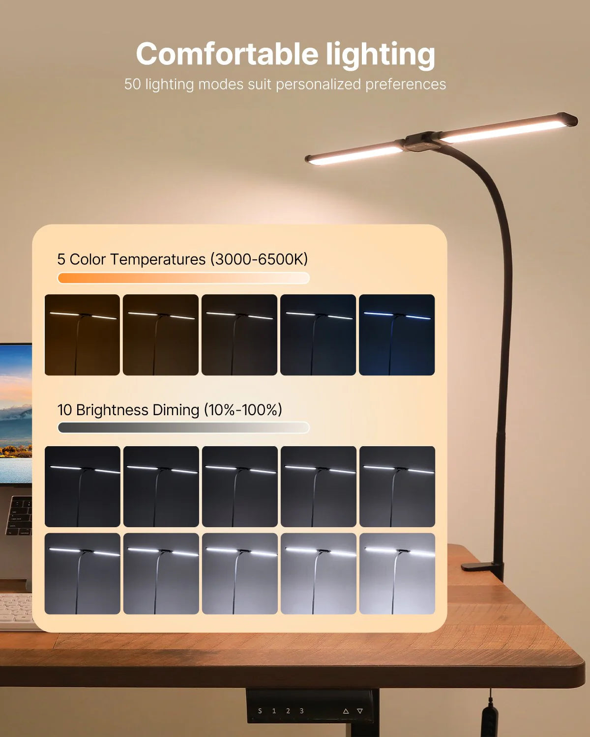 LED Desk Lamp with Clamp and Dual Adjustable Gooseneck Heads