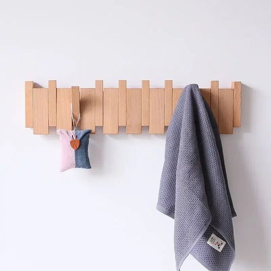 Natural Wood Wall-Mounted Piano Coat Rack with Flip-Down Hooks - Acacia Wood in Walnut Finish - Stylish Entryway Wall Art with 5 Hooks