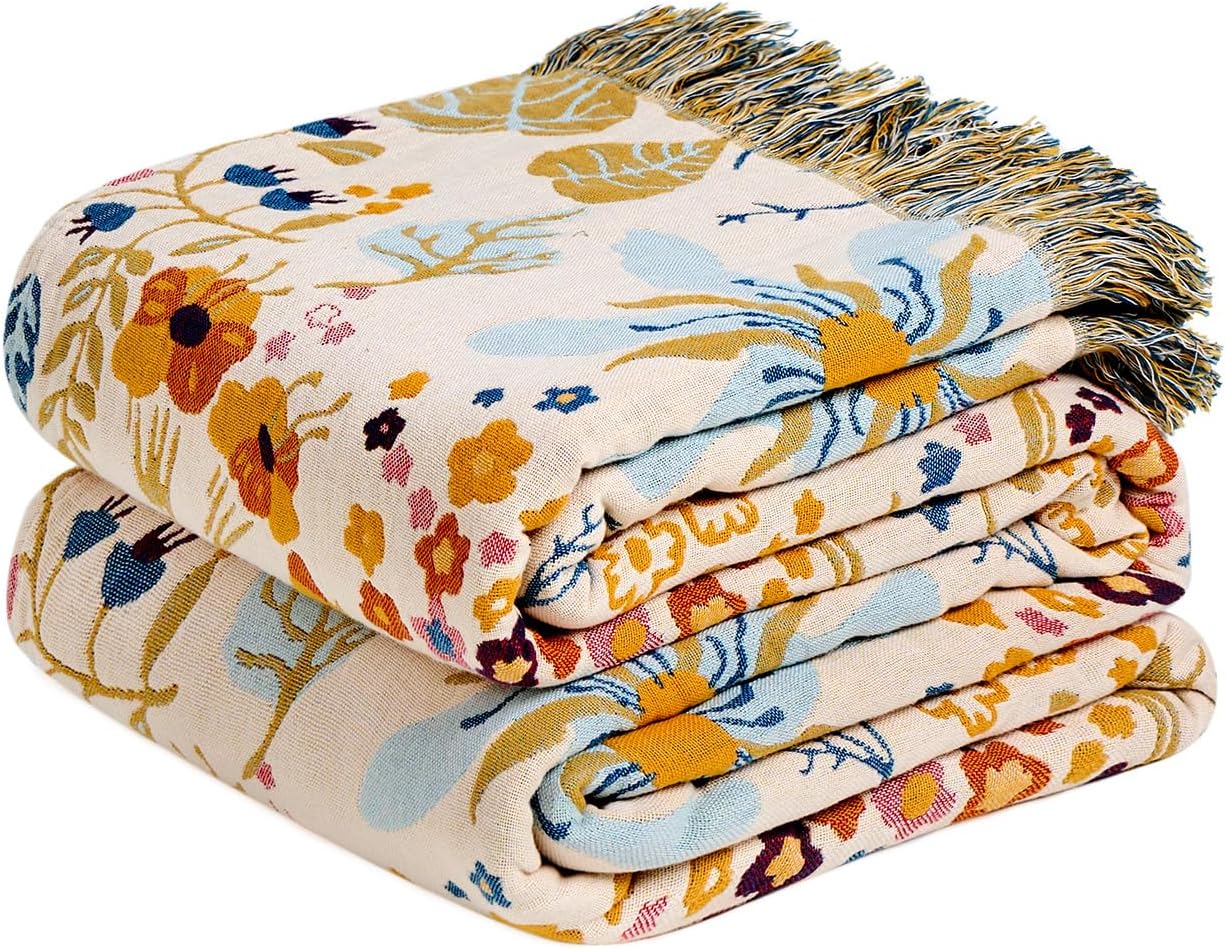 Chic Boho Cotton Throw Blanket - Ultra Soft, Lightweight, and Reversible Floral Bird Design for All Seasons - Perfect for Sofa, Couch, or Bed Decor