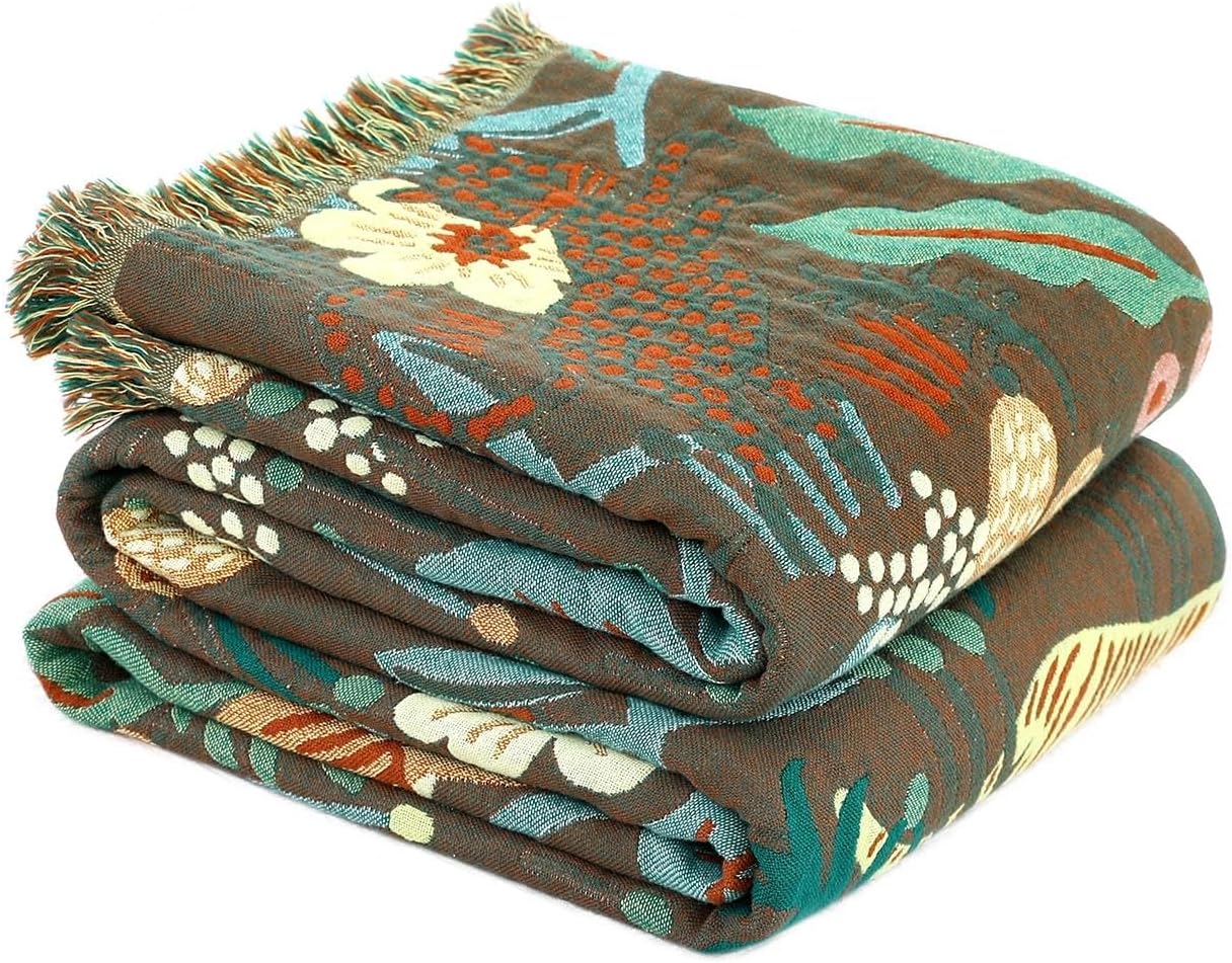 Chic Boho Cotton Throw Blanket - Ultra Soft, Lightweight, and Reversible Floral Bird Design for All Seasons - Perfect for Sofa, Couch, or Bed Decor