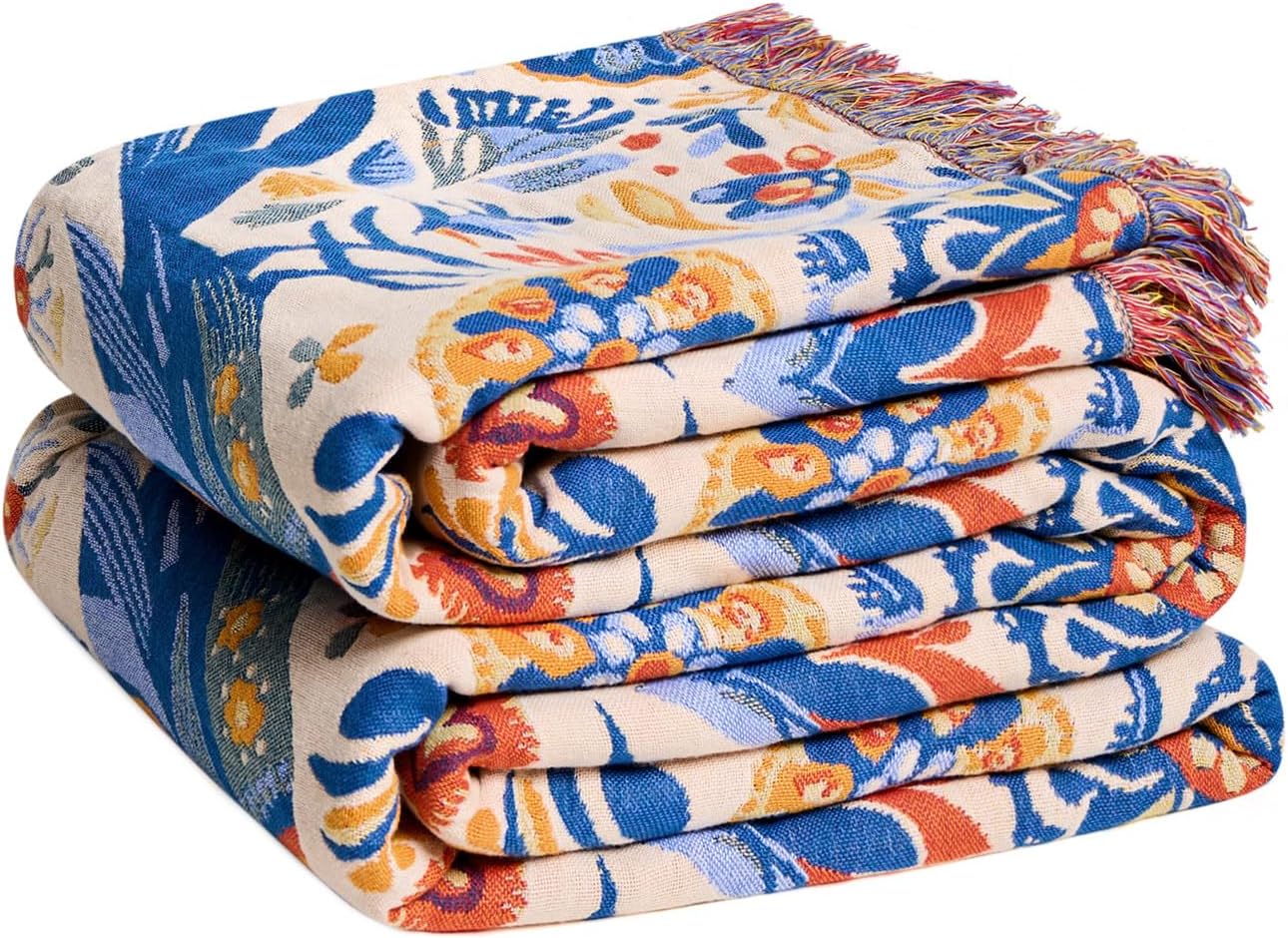 Chic Boho Cotton Throw Blanket - Ultra Soft, Lightweight, and Reversible Floral Bird Design for All Seasons - Perfect for Sofa, Couch, or Bed Decor