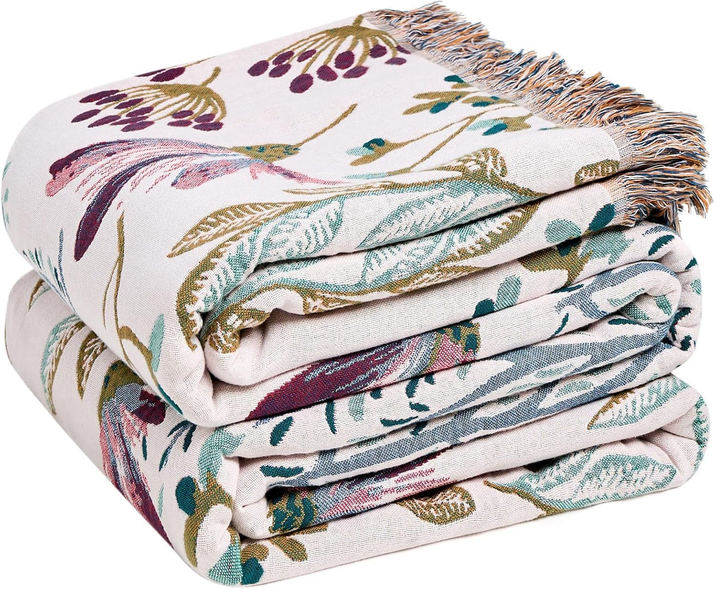 Chic Boho Cotton Throw Blanket - Ultra Soft, Lightweight, and Reversible Floral Bird Design for All Seasons - Perfect for Sofa, Couch, or Bed Decor