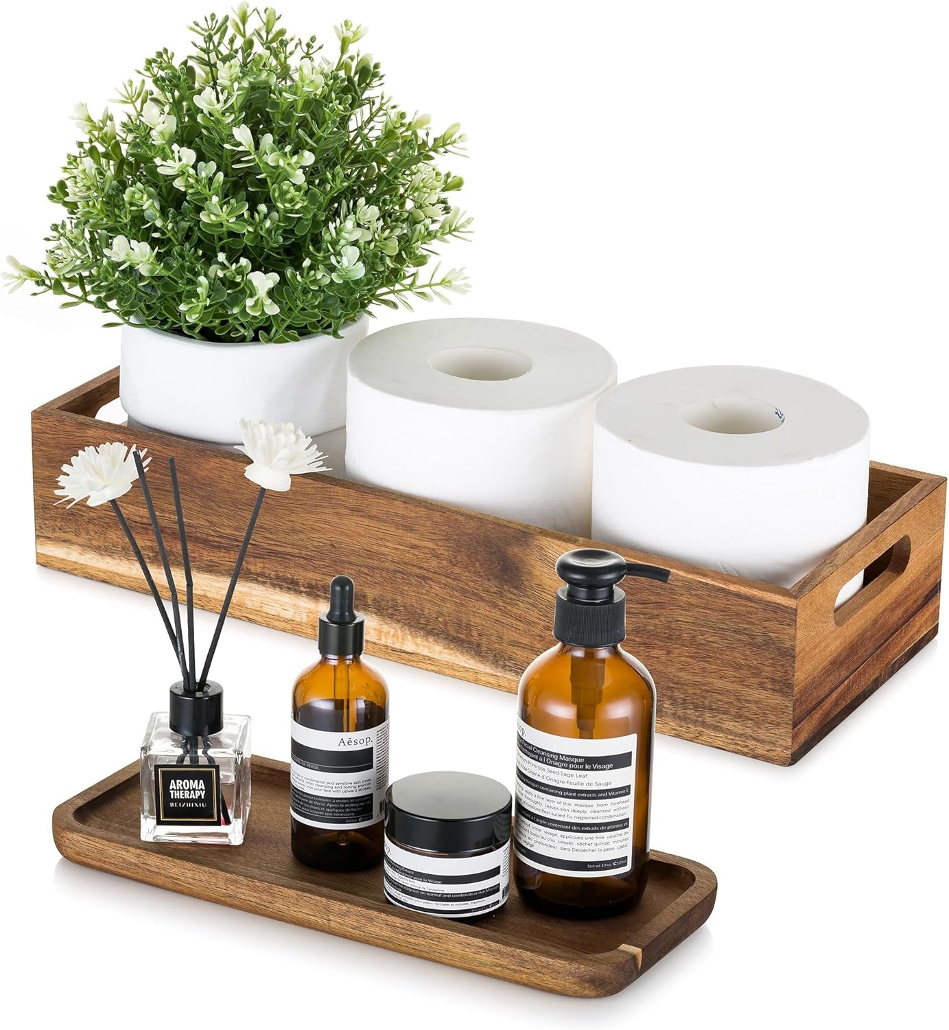 Elegant Acacia Wood Bathroom Toilet Tank Basket Set – 2-Piece Stylish Organizer for Toilet Paper and Vanity Essentials