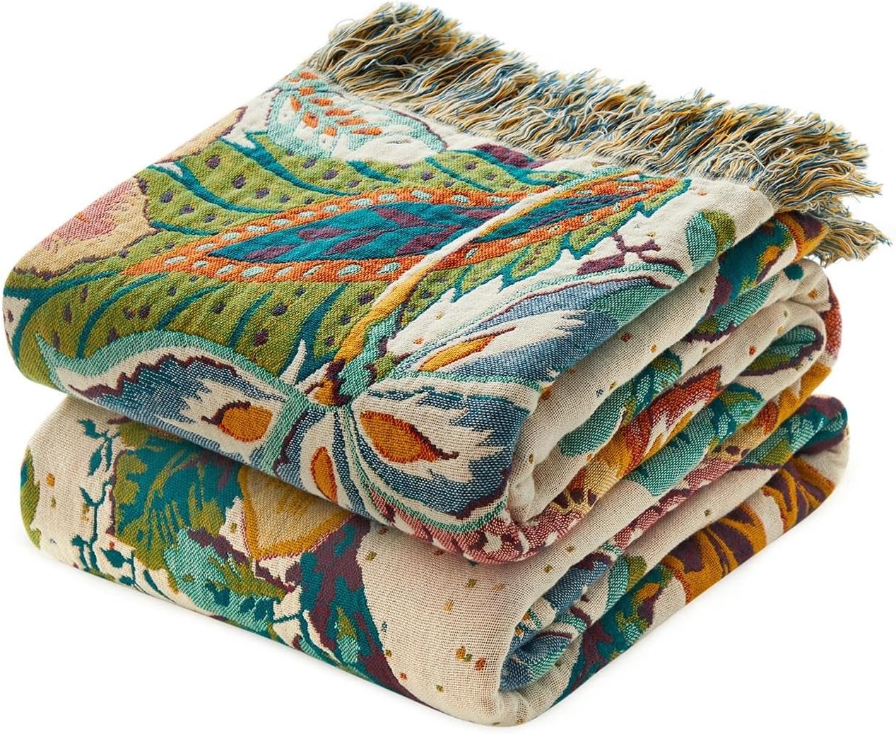 Chic Boho Cotton Throw Blanket - Ultra Soft, Lightweight, and Reversible Floral Bird Design for All Seasons - Perfect for Sofa, Couch, or Bed Decor