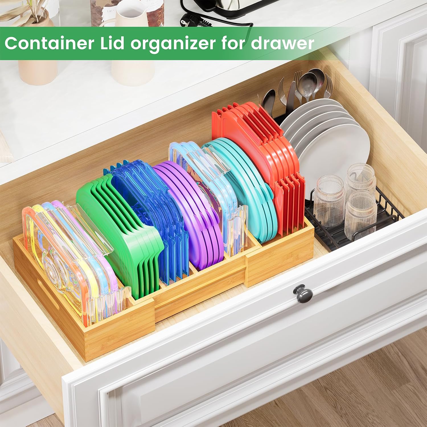 Transform Your Kitchen with Our Expandable Bamboo Lid Organizer – Adjustable Dividers for Perfect Storage Solutions