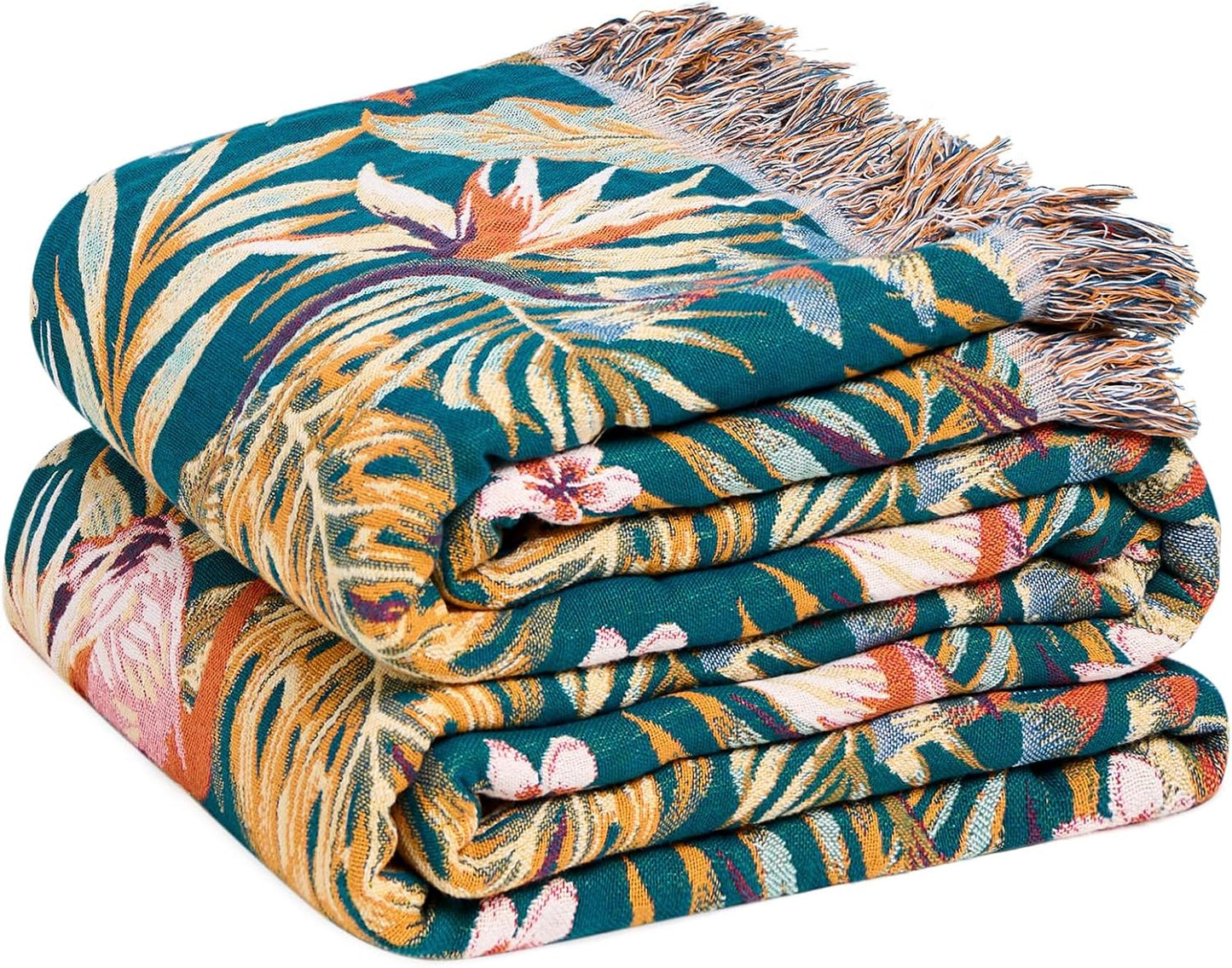 Chic Boho Cotton Throw Blanket - Ultra Soft, Lightweight, and Reversible Floral Bird Design for All Seasons - Perfect for Sofa, Couch, or Bed Decor