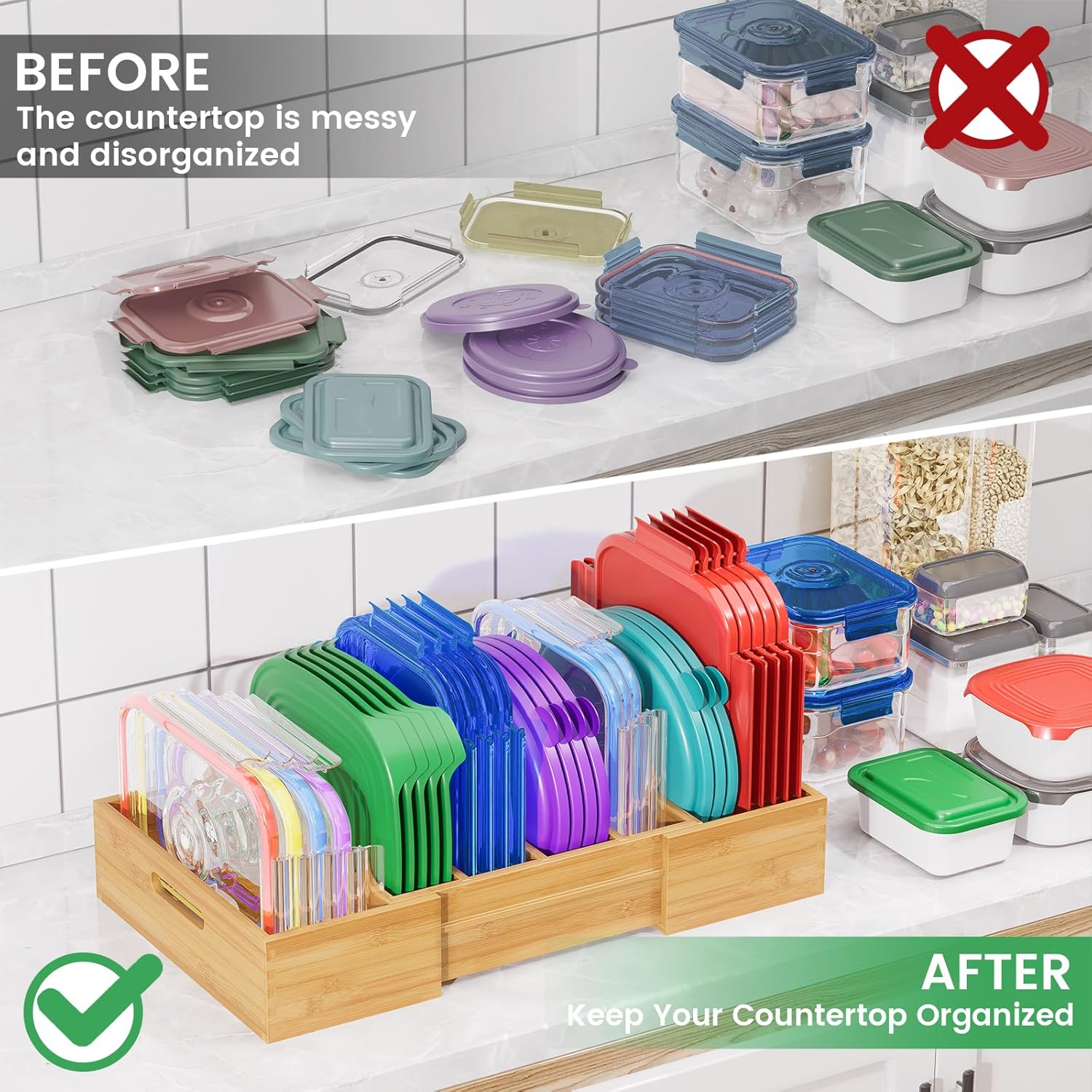 Transform Your Kitchen with Our Expandable Bamboo Lid Organizer – Adjustable Dividers for Perfect Storage Solutions