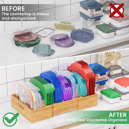 Transform Your Kitchen with Our Expandable Bamboo Lid Organizer – Adjustable Dividers for Perfect Storage Solutions