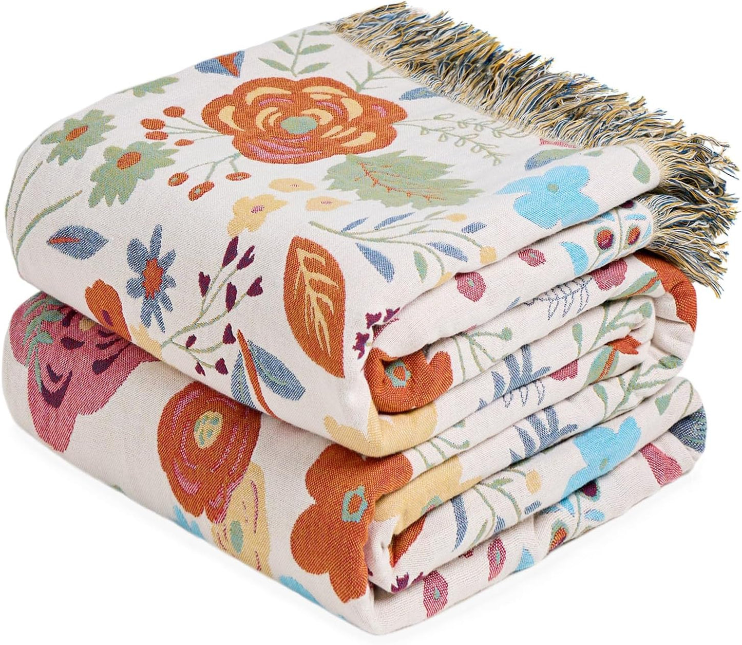 Chic Boho Cotton Throw Blanket - Ultra Soft, Lightweight, and Reversible Floral Bird Design for All Seasons - Perfect for Sofa, Couch, or Bed Decor