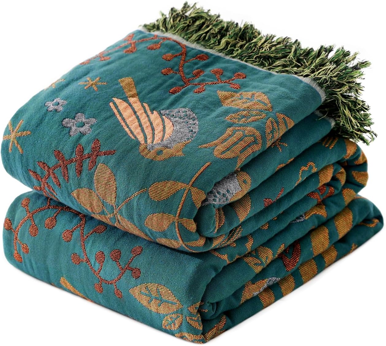 Chic Boho Cotton Throw Blanket - Ultra Soft, Lightweight, and Reversible Floral Bird Design for All Seasons - Perfect for Sofa, Couch, or Bed Decor