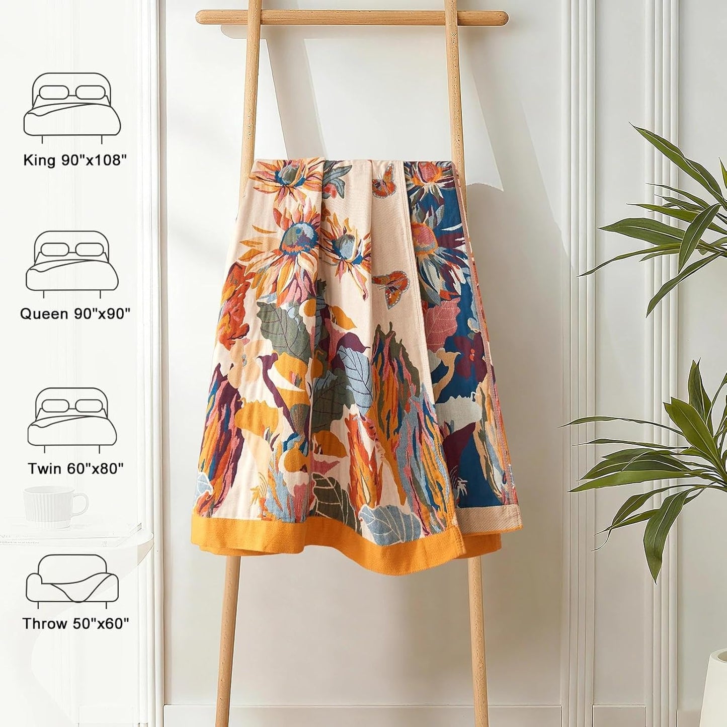 Chic Boho Cotton Throw Blanket - Ultra Soft, Lightweight, and Reversible Floral Bird Design for All Seasons - Perfect for Sofa, Couch, or Bed Decor