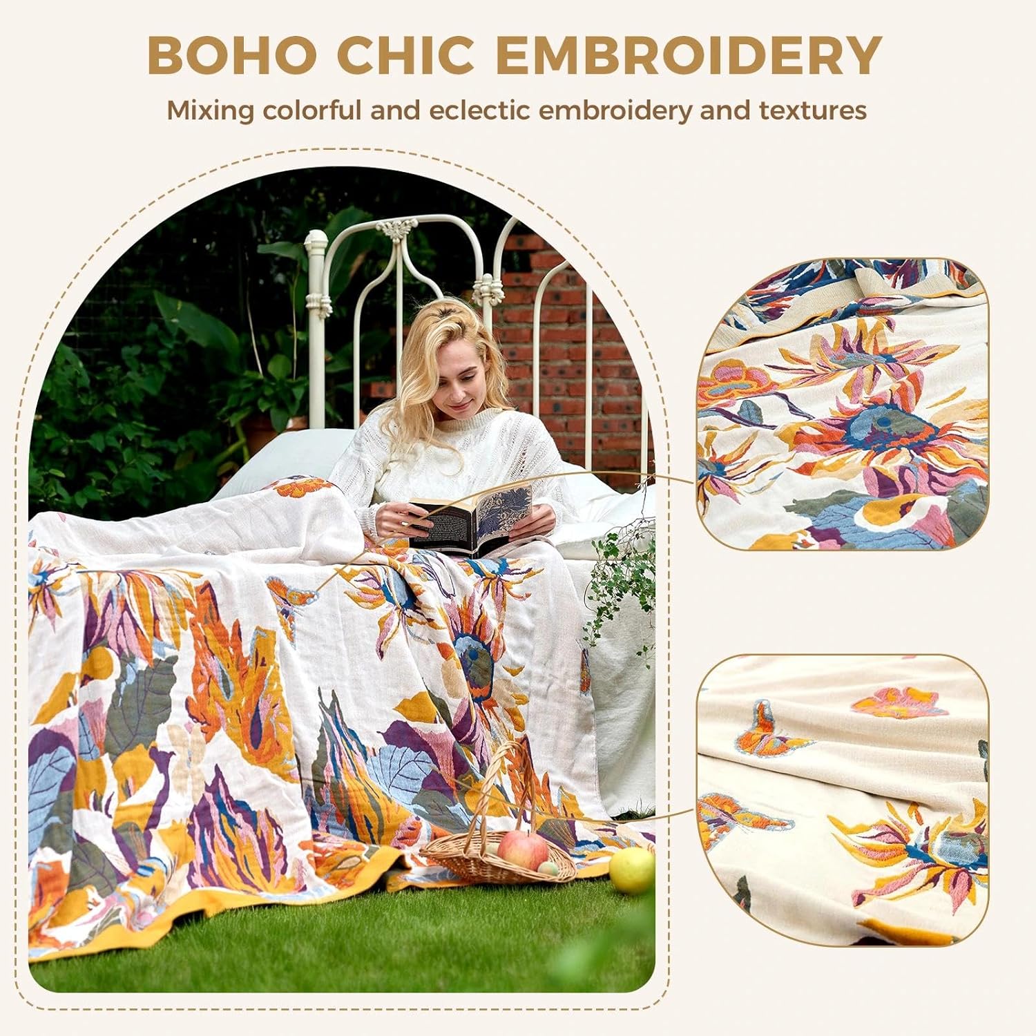 Chic Boho Cotton Throw Blanket - Ultra Soft, Lightweight, and Reversible Floral Bird Design for All Seasons - Perfect for Sofa, Couch, or Bed Decor