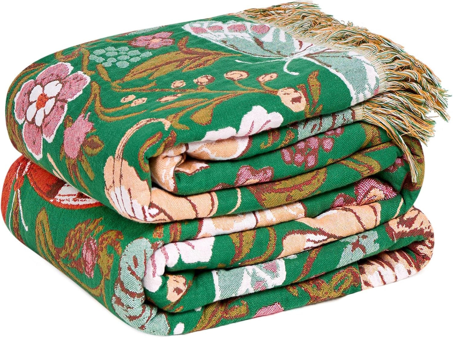 Chic Boho Cotton Throw Blanket - Ultra Soft, Lightweight, and Reversible Floral Bird Design for All Seasons - Perfect for Sofa, Couch, or Bed Decor