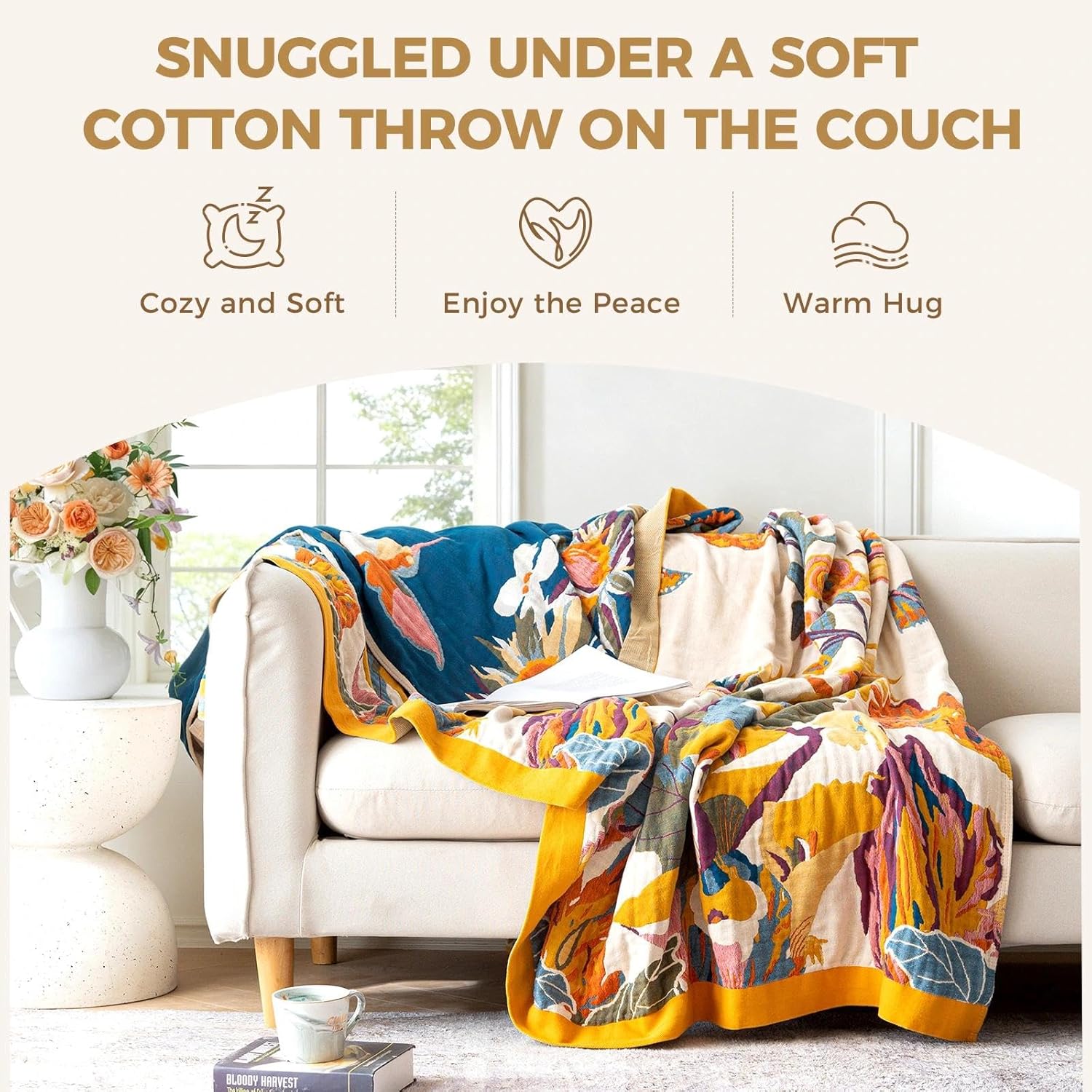 Chic Boho Cotton Throw Blanket - Ultra Soft, Lightweight, and Reversible Floral Bird Design for All Seasons - Perfect for Sofa, Couch, or Bed Decor