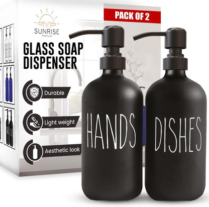 Elevate Your Space with Our 16 OZ Amber Glass Soap Dispenser Set - Includes 2 Stylish Pumps and 6 Waterproof Labels for Ultimate Organization