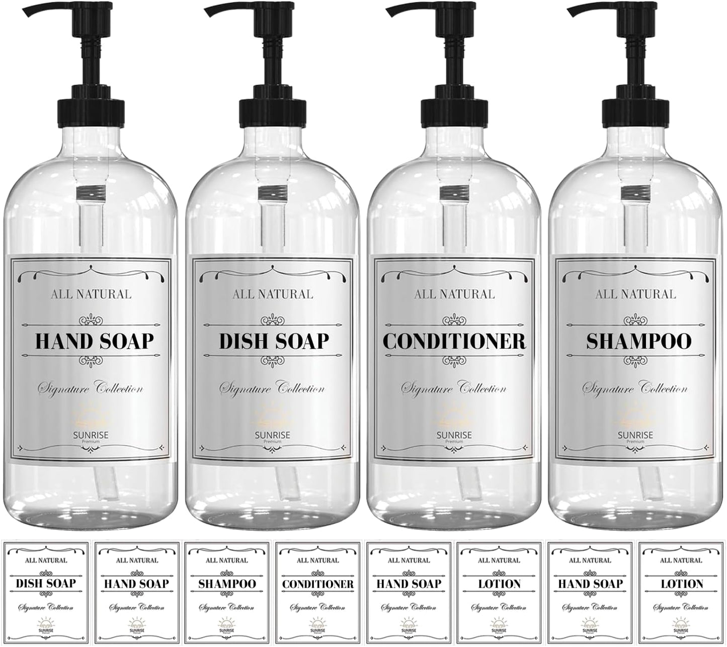 Elevate Your Space with Our 16 OZ Amber Glass Soap Dispenser Set - Includes 2 Stylish Pumps and 6 Waterproof Labels for Ultimate Organization