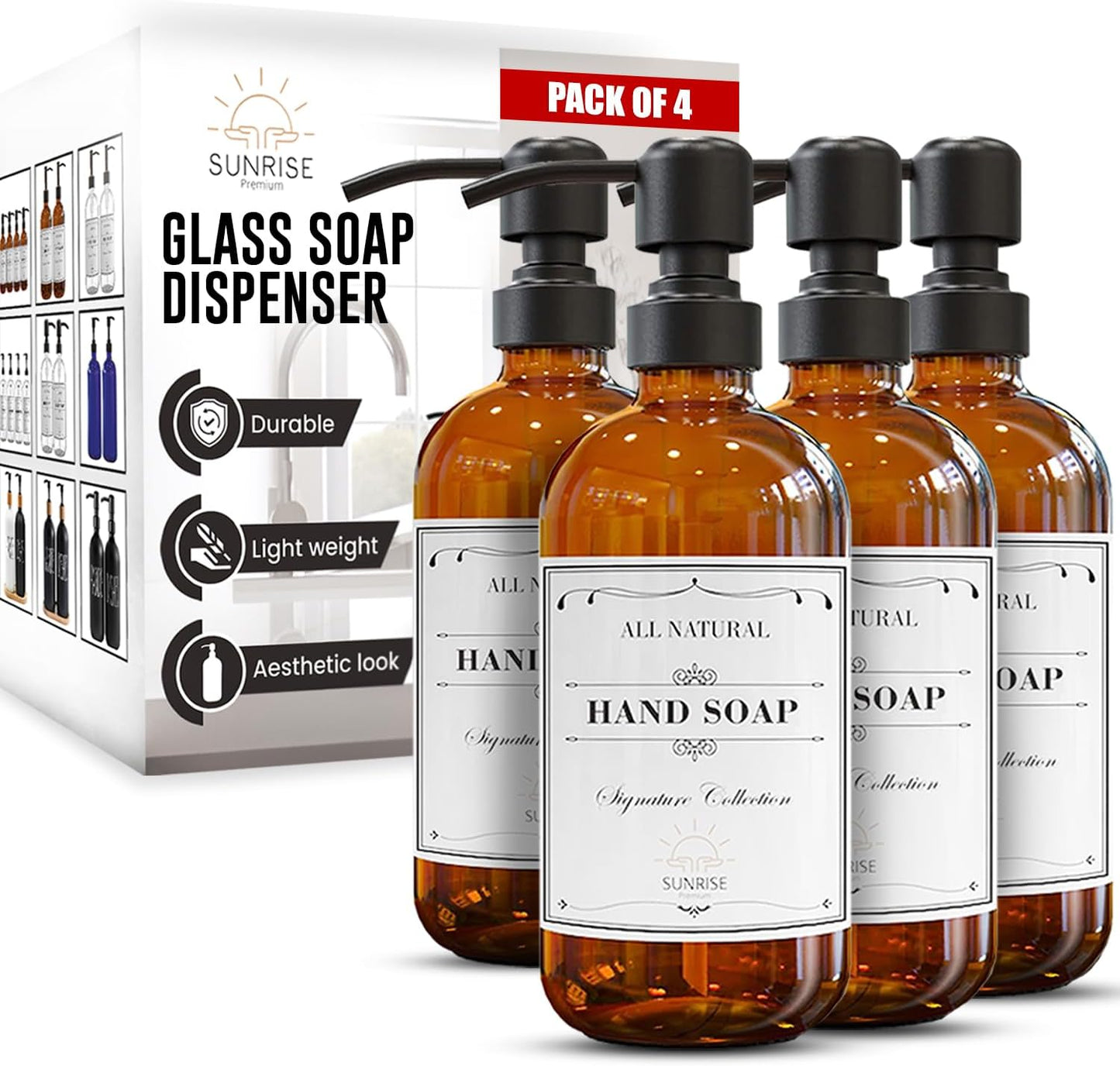 Elevate Your Space with Our 16 OZ Amber Glass Soap Dispenser Set - Includes 2 Stylish Pumps and 6 Waterproof Labels for Ultimate Organization